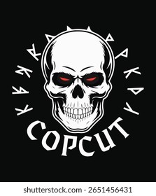 Crânio com olhos vermelhos e runas emblema escuro para Copcut T-shirt Design Vetor