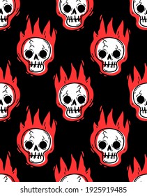 Skull in red flames on black background. Vector seamless pattern