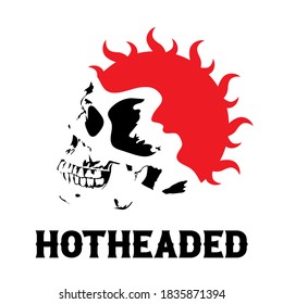 Skull with red flaming of sun, hotheaded, isolated on white. Vector illustration