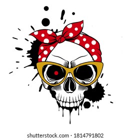 Skull with red glowing eye, splashes and drips of paint on white background. Grunge halloween vector illustration