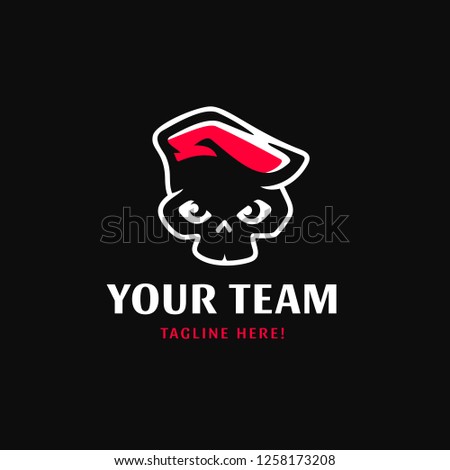Skull in a red military hat logo template in cartoon style. Mascot. Vector.