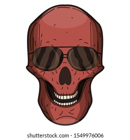 Skull in red on a white background with black glasses. Holiday, halloween, sticker, postcard.