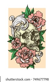 Skull with red peonies or roses flowers, fretwork. Hand drawn vintage vector Dotwork Illustration. Graphic sketch for tattoo, poster, clothes, t-shirt design, pins, badges, stickers and coloring book