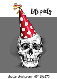 Skull in a red polka dot Party hat. Vector illustration.