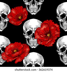 Skull and red poppies on black background .Vector seamless pattern