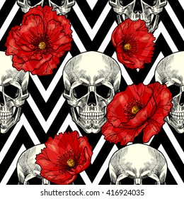 Skull and red poppies  on a geometric background. Vector seamless pattern. 