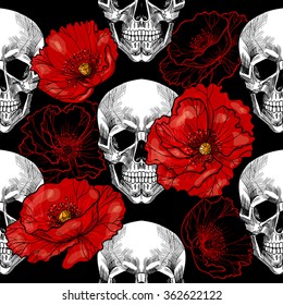 Skull and red poppies .Vector seamless pattern