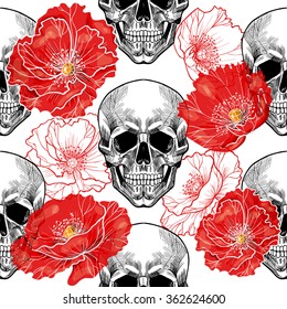 Skull and red poppies.Vector seamless pattern