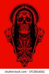 skull red psychedelic sketch tattoo print vector illustration