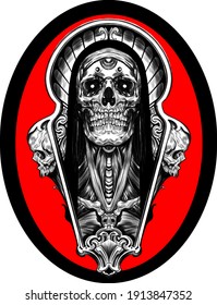 skull red psychedelic sketch tattoo print vector illustration