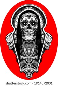 skull red psychedelic sketch tattoo print vector illustration