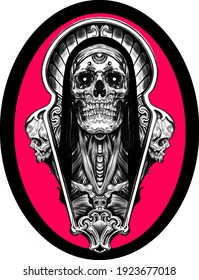 skull red psychedelic sketch tattoo print vector illustration