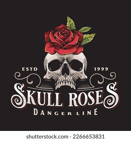 skull and red rose flower vintage logo 