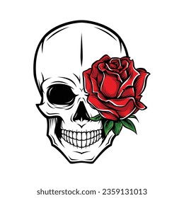 skull and red rose flower vintage vector logo momento mori vintage retro design