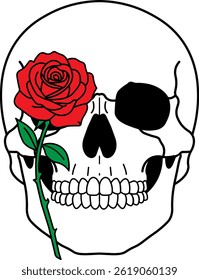 Ilustração do crânio e do vetor de rosa vermelha