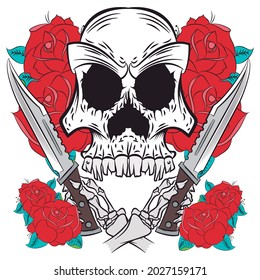 skull with red roses background and daggers