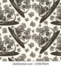 Skull and red roses flowers. Gothic seamless pattern. Symbol life and death, beginning and end. Floral dark fairy tale background 