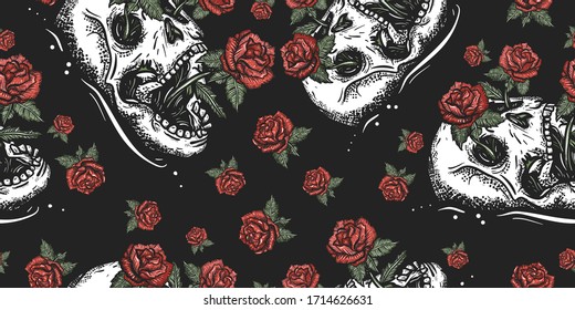 Skull and red roses flowers. Seamless pattern. Symbol life and death, beginning and end. Floral gothic, dark fairy tale background 