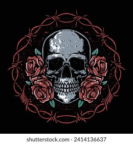 skull and red roses inside barb wire