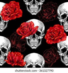 Skull and red roses on black background .Vector seamless pattern