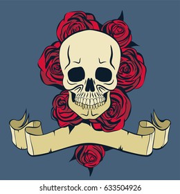 Skull and red roses on a dark background. Vector illustration