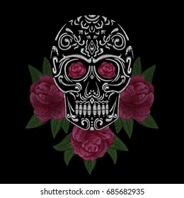 Skull and red roses. Traditional folk flower stylish embroidery on the black background. Sketch for printing on fabric, clothing, bag, accessories and design. Vector, trend