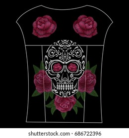 Skull and red roses. Traditional folk flower stylish embroidery on the black background. Sketch for printing on fabric, clothing, bag, accessories and design. Vector, trend