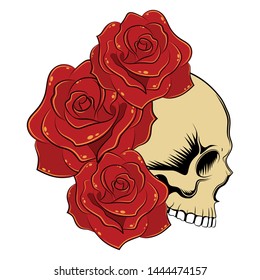 Skull with red roses. Vector image on white background.