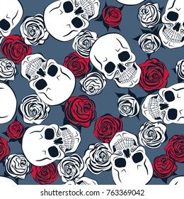 Skull, red roses and white roses. Seamless pattern. Vector illustration