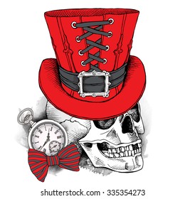 Skull in a red steampunk top hat and with watch. Vector illustration.