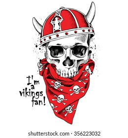 Skull in red viking helmet and with cravat. Vector illustration.