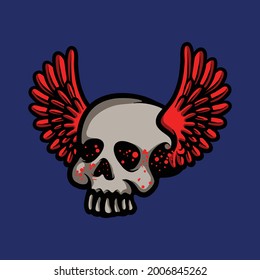 Skull with red wings vector illustration. Human head and bird wing cartoon drawing