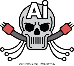 A skull with a red wire sticking out of it with the letters AI above it. The skull is holding a red wire and has a menacing look