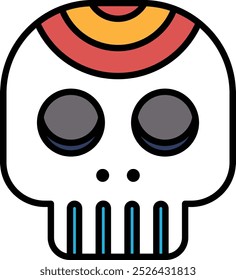 A skull with a red and yellow design on it. The skull is drawn in a cartoon style and has a blue and white color scheme