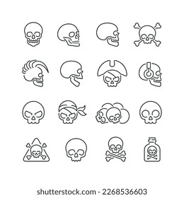 Skull related icons: thin vector icon set, black and white kit