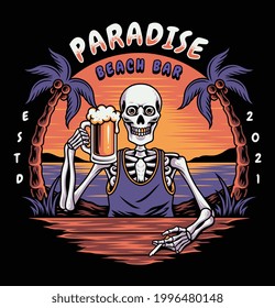 skull relaxing at the beach bar holding a glass of beer at sunset. For t-shirts, stickers and other similar products.