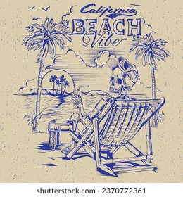 A skull relaxing on a beach, enjoying holiday, the sunset, the sky, the palm trees, the ocean and holding a glass of lemonade.