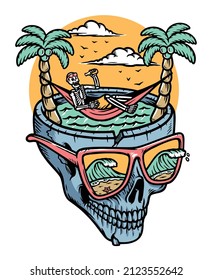 skull relaxing on the beach illustration