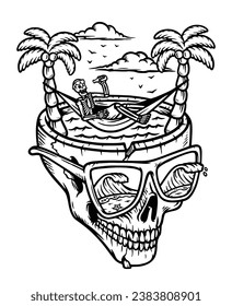 skull relaxing on the beach line illustration