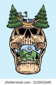 the skull is relaxing the mountain illustration
