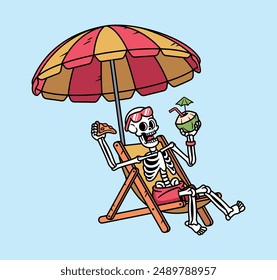 skull relaxing while drinking coconut illustration