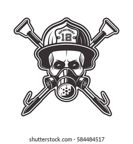 Skull in respirator and firefighter helmet with two crossed hooks vector illustration in monochrome style isolated on white background