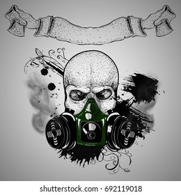 Skull with respirator, gas mask, t-shirt design of dead smoke from the respirator.