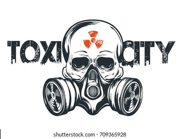 Skull in respirator illustration. Toxicity emblem, radiation sign. Can be used as t-shirt print, tattoo design, logo. Urban style