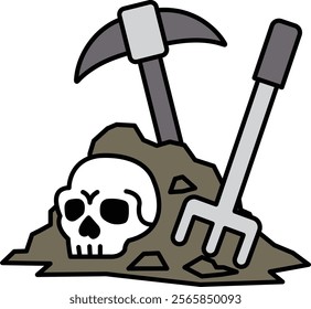 A skull is resting on a mound of dirt, with a pick and a shovel leaning against it. The scene is eerie and unsettling, as if someone has been digging up the skull and left the tools behind