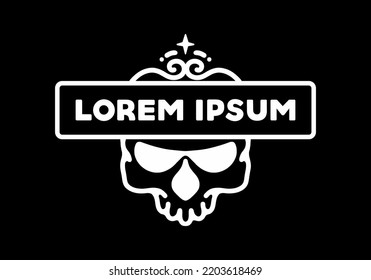 skull with retro frame Black and white line art mono line tattoo design