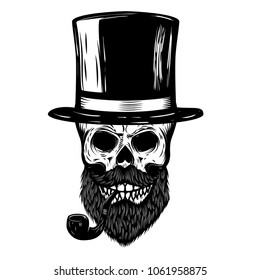 Skull with retro hat and smoking pipe. Design element for poster, banner, t shirt. Vector illustration