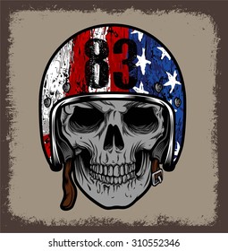 SKULL WITH RETRO HELMET AND AMERICAN FLAG. OR GRUNGE ISOLATED