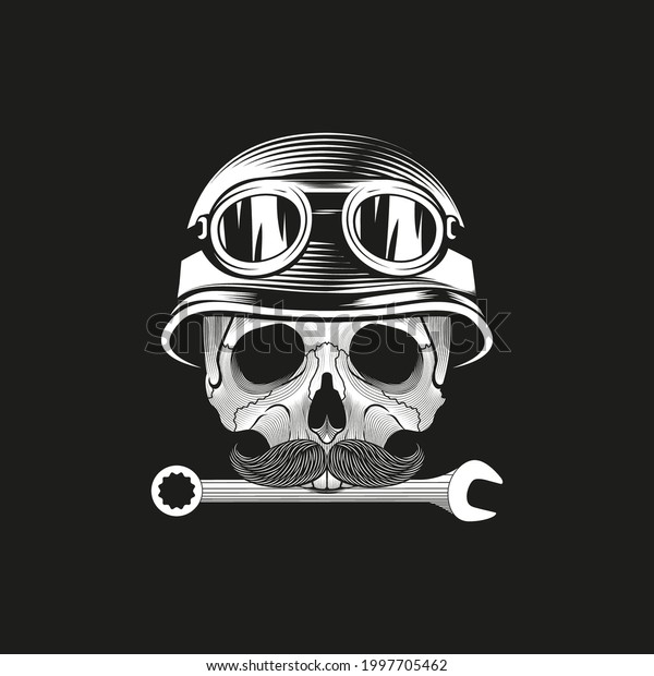 Skull in retro helmet with wrench.\
Motorcycle repair shop emblem template. White on black. Stock\
vector illustration.