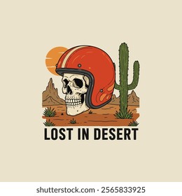 A skull in a retro motorcycle helmet sits amidst a desert landscape with a cactus and setting sun, symbolizing a lost rider.